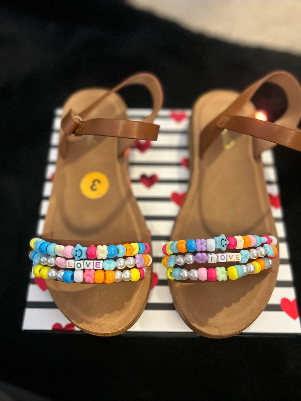 Kids Brown Beaded Strap Sandals with Multicolor 'LOVE' Beads